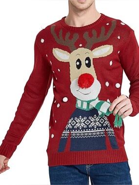 Ugly Christmas Sweater Reindeer with Pom Pom Nose - Men’s Large